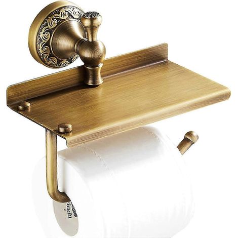 Porte-papier toilette avec étagère pour téléphone, porte-rouleau de papier toilette mural en laiton bronze antique, accessoires de salle de bain, motif sculpté (1/5)