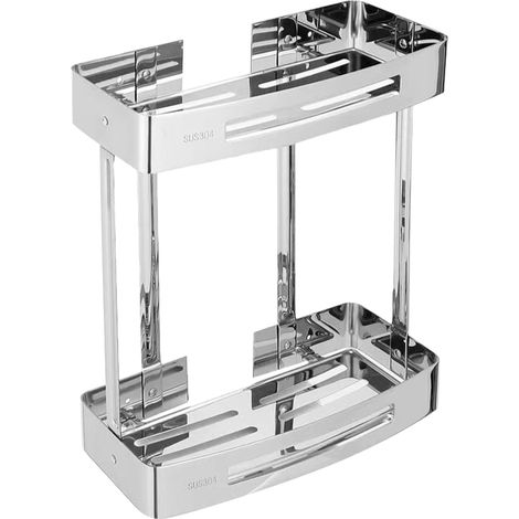 Estante esquinero de ducha de 2 niveles, acero inoxidable, cesta de almacenamiento (requiere perforación).