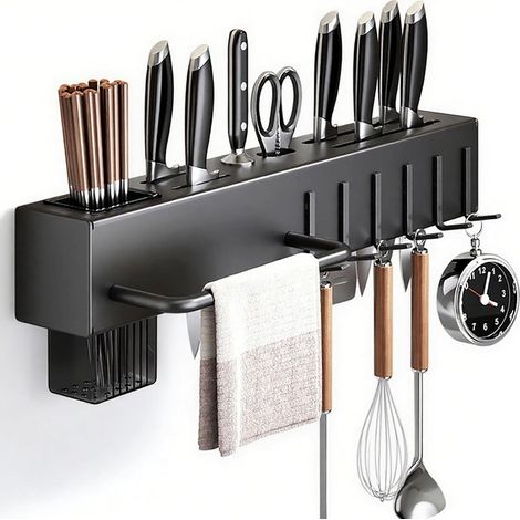 Soporte para cuchillos de pared sin necesidad de taladrar, estante de cocina multifuncional con ganchos, soporte para cuchillos y cubiertos (Negro - 40 cm)