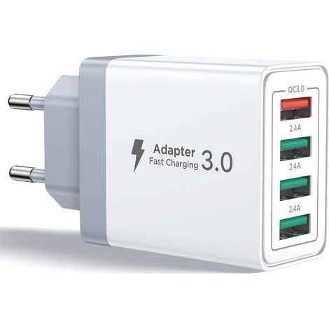 Chargeur USB, Prise Charge Rapide QC 3.0 de 33W, 4-Port Bloc Adaptateur Secteur USB Multiple Chargeur Universel pour Téléphone iPhone iPad Samsung Xiaomi Huawei Honor Google Alimentation USBA (1/5)