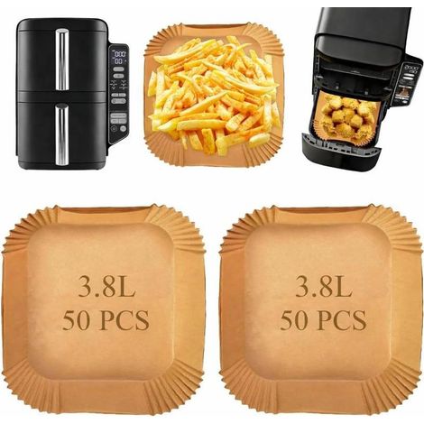 Lot de 100 feuilles de papier four pour friteuse à air – Accessoires antiadhésifs compatibles double pile 7,6L, papier sulfurisé résistant jusqu'à 232°C (1/5)