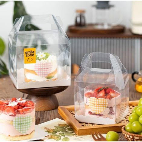 10 Pieces Clear Cake Boxes, 4 Inch Plastic Cake Boxes, Square Gift Boxes, Cupcake Display Boxes with Handle and Base for Birthday Parties and Baby Showers