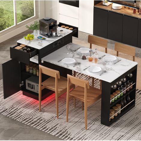 Tavolo da cucina allungabile con rotelle, LED, prese e ganci, nero DESVIAE (1/5)
