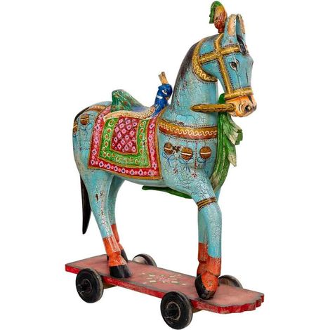 Figura decorativa de corcel, madera  pintada azul, 90x21x100h cm (1/5)