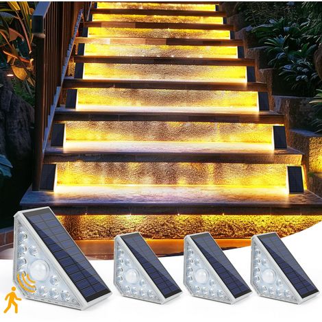 Lampe solaire d'escalier avec détecteur de mouvement – 3000K – Lot de 4 – Étanche IP65 – Éclairage automatique pour jardin, patio, garage (1/5)