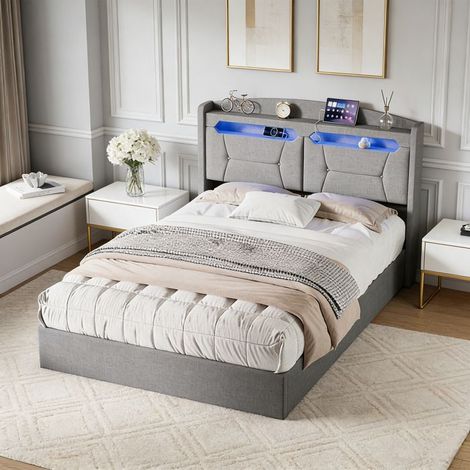 Letto 140x190 cm - POCKETPOP - Letto con contenitore di stoccaggio idraulico - Testata letto LED & USB - Lino grigio chiaro (1/5)