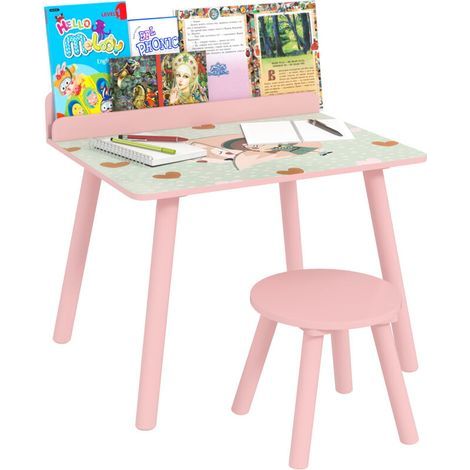 Ensemble table et chaise enfant table pour enfant avec chaise avec porte-livres motifs d'ours pour enfants 3-8 ans rose (1/5)