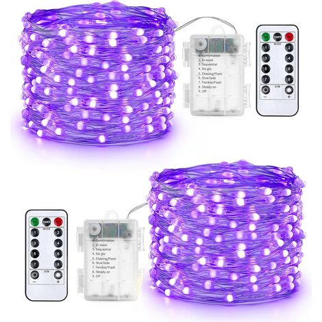 Guirlande Lumineuse Noel à Piles en Fil D'argent 10M 100 LED Lumière Violet avec Télécommande & Minuterie Etanche Décoration Intérieure Extérieure pour Noël Mariage Soirée (Lot de 2)