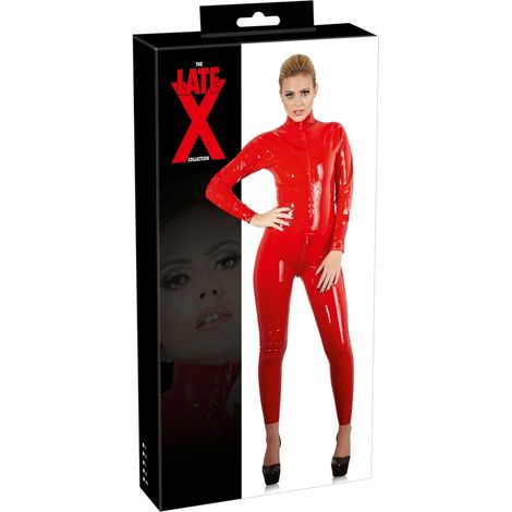 Late X - Mono largo de látex sexy con cuello, rojo, talla 2XL (1/5)