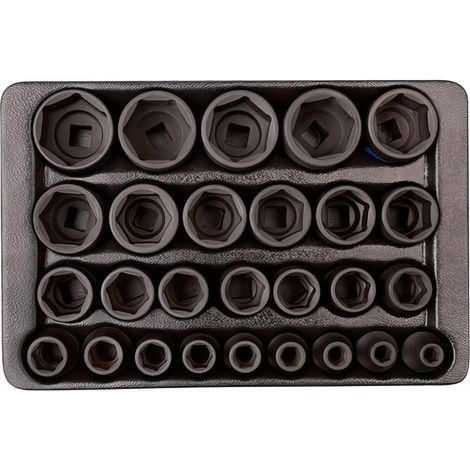 Douilles à chocs 1/2" métriques – Lot de 27 pièces – 6 pans pour boulonneuse – Dimensions 8 à 34 mm – Contenant thermoformé – King Tony (1/6)