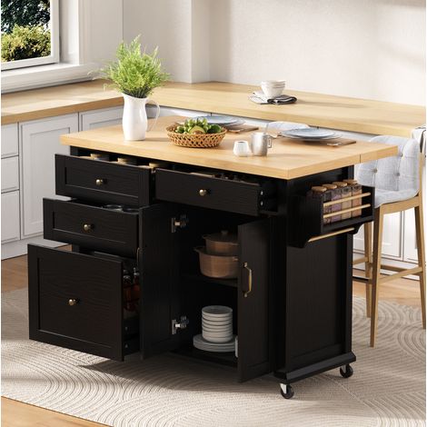Isola cucina mobile 107x45-70x90.5 cm con piano estraibile, cassetti multifunzione, MDF nero e naturale (1/5)