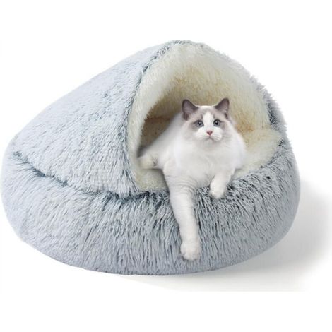 Panier d'intérieur pour chat, niche en peluche avec capuche pour chiot, petit panier pour chien, amovible et lavable, antidérapant, auto-chauffant, rond, fausse fourrure moelleuse (1/4)