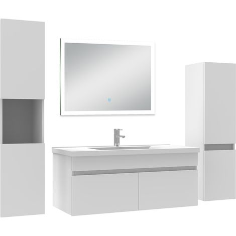 Ocean Ensemble meuble Salle de Bain 100cm simple vasque avec colonne + miroir lumineux dimmable blanc
