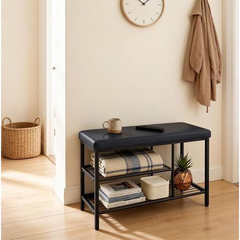 Panca portascarpe 80x30x50 cm, 3 vani aperti, seduta 165 kg, struttura in metallo, ecopelle nera (1/5)