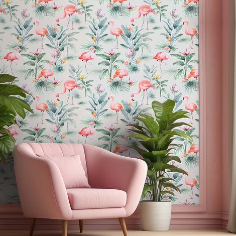 Papier peint intissé pré-encollé - GRIS OISEAUX TROPICAUX ROSES ET FLEURS DU PARADIS - 1 rouleau de 300x60cm (1/5)