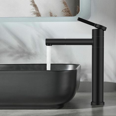 Robinet Salle de Bain Noir Mitigeur Lavabo Haut Bec Pivotant 360° Mitigeur pour Vasque Robinetterie de Lavabo en Acier Inox (1/4)