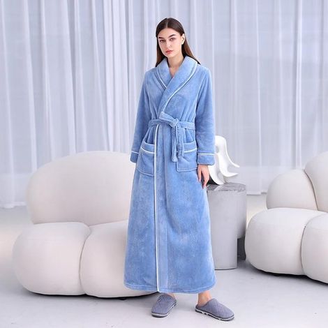 Accappatoio unisex, accappatoio in flanella extra lungo e spesso per uomo e donna, in morbido pile di corallo (microfibra), ad asciugatura rapida, con tasca (1/5)