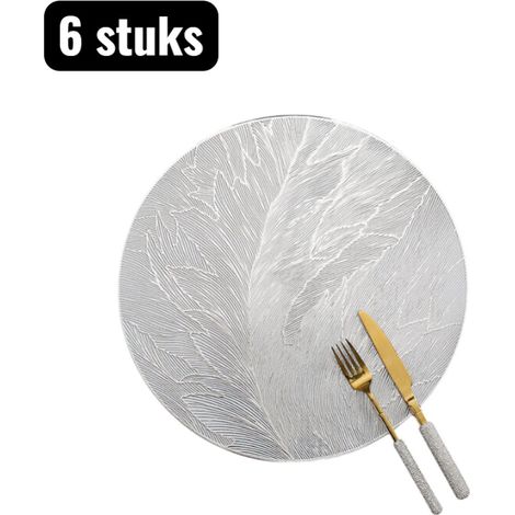 Lot de 6 sets de table ronds en PVC imperméables et antidérapants avec motif plumes style décoratif argenté (1/5)