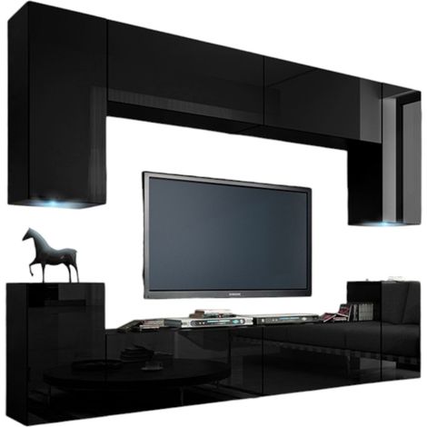 Set di mobili da soggiorno neri sospesi collezione CEPTO I 240cm, 8 porte, 6 scaffali, led (1/4)