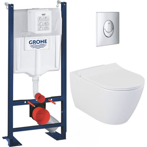 Pack WC Bâti-support Rapid SL + WC sans bride Bello + Abattant softclose + Plaque Chrome (ProjectBello-2)
