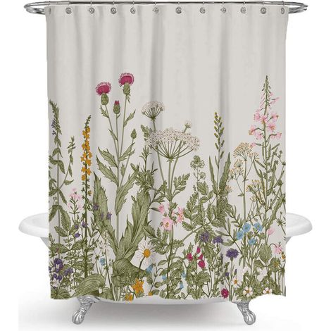3D Printed Washable Shower Curtain with Colorful Floral Plants (180cm x 200cm)