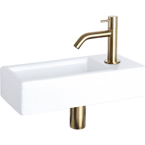 Differnz Hura Set lave-mains 38.5x18.5x9cm avec robinet courbé or mat céramique Blanc (1/4)