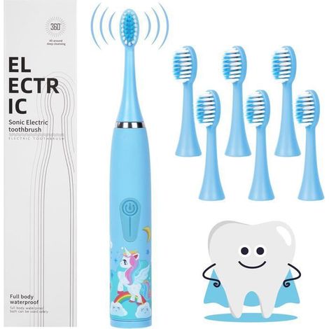 Brosse à dents électrique Enfants 3-12 Ans - 5 Modes de Nettoyage IPX7 6 Brossettes 2 Min Chrono 50 dB Licorne bleue (1/5)