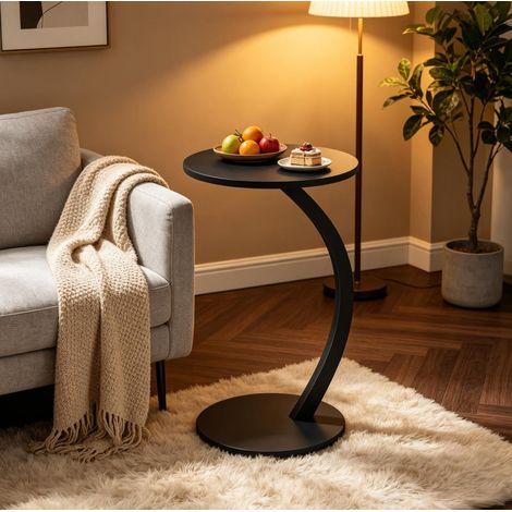 Table d’appoint en C ronde noire, table de canapé, table de chevet, MDF et métal, 40 cm (1/5)