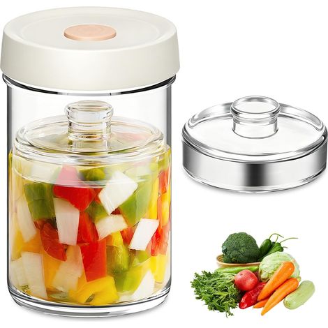 Bocal à Fermenter, 1200ml Bocal de Fermentation, Pot de Fermentation avec Fermeture à Air, Bocal en Verre pour Une Fermentation Sûre, Blanc, Avec Poids en Verre, Couvercles en Silicone (1/5)