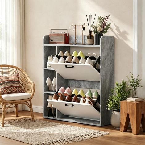 Armoire à chaussures moderne avec 2 casiers pliants, meuble de rangement à chaussures gain de place pour couloir/appartement (uniquement avec armoire à chaussures) (1/5)