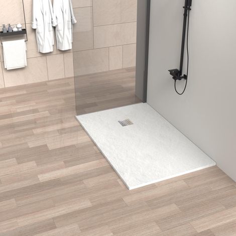 Plato Ducha Resina Ultraresistente Color Blanco Textura Piedra Natural Antibacteriano y Antideslizante. Rejilla inox 70x150cm.