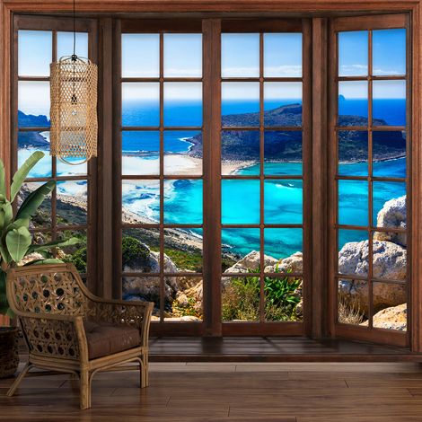 Papier peint panoramique Trompe l'oeil Fenêtre en bois - Vue Mer - 130 cm x 104 cm (1/5)