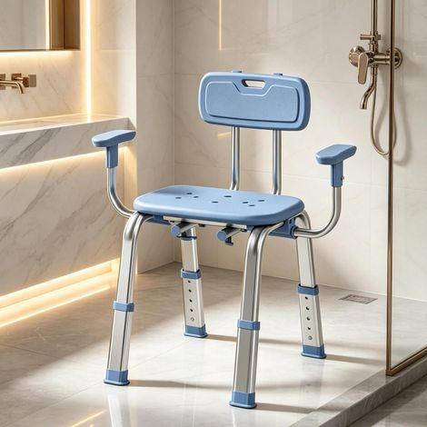 Chaise de douche ergonomique réglable en hauteur avec accoudoirs et dossier, bleu et argent OKMYHOME (1/5)