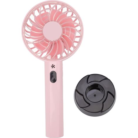 Mini ventilateur portable rose, rechargeable par USB, avec base intégrée, idéal pour les voyages et la maison. (1/5)