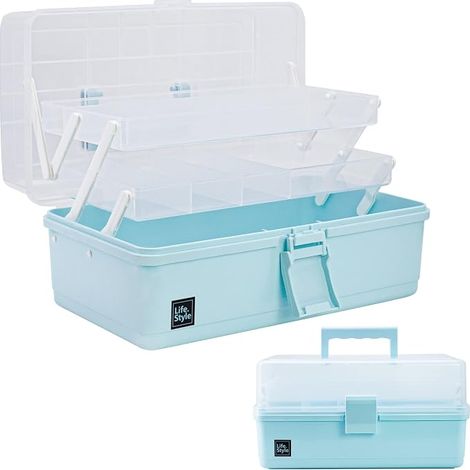 Storage Box with Layers Plastic Tool Box with Handle for Sewing, Makeup, Medicine, Nails Blue (1/3)