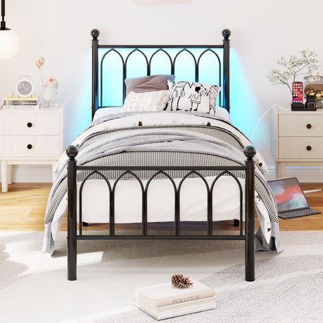 Cadre de lit métal 90x200 cm, tête et pied vintage, USB, LED intégré, sommier lattes acier, grand rangement dessous, sans sommier tapissier, noir