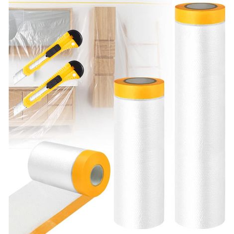 Abdeckfolienrollen mit Klebeband, transparente Schutzfolie zum Lackieren, Staubschutzfolie zum Schutz von Möbeln und Böden + 2 Schneidwerkzeuge
