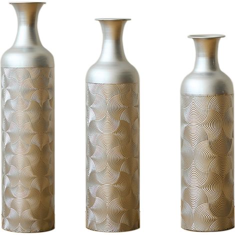 Lot de 3 vases de sol à motif ondulé, argent (50/66/83 cm) - Grands vases décoratifs en métal comme cache-pots pour plantes, déco d'intérieur pour salon et entrée au design moderne (1/4)