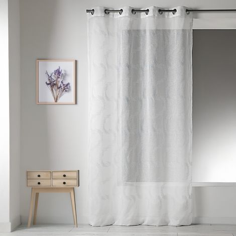 Voilage en Etamine Brodée à Rayures Ondulées Blanc 140x260 cm
