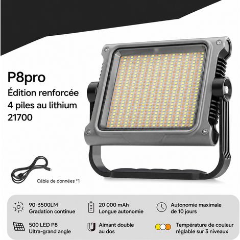 Projecteur LED rechargeable P8 Pro 3 500 lm, 20 000 mAh et 500 LED p8pro 90-3500lm 20000 1,2 kg – Livraison gratuite