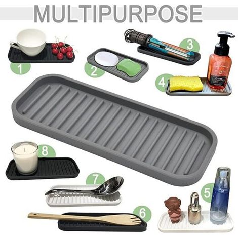 Lot de 2 Porte-éponge en silicone - Porte-savon à vaisselle comptoir de cuisine Plateau à savon éponge étanche pour évier de cuisine, salle de bain, distributeur Scrubbers Makeup Grey (1/3)