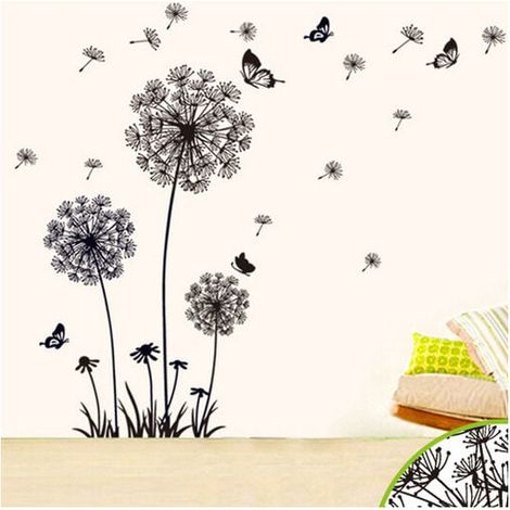 Autocollant Murale Pissenlit - Design Noir avec Papillons Volants - Décoration Murale et Fenêtre pour Salle de Bain Cuisine Séjour - 1 Pièce (1/3)