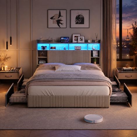 JOOKGBD - Lit Double 160x200 cm, Lit Adolescent Tapissé, Tête de Lit Rembourrée avec LED et USB, Rangement 4 Tiroirs, Sommier Inclus, Structure Robuste, Lin, Beige, Sans Matelas (1/5)