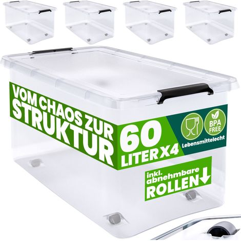 DEUBA® Scatola in plastica Contenitore con Coperchio Impilabile Trasparente Ruote Chiusura a Scatto Salvaspazio Senza BPA 60L/30L 4x 60L (de) (1/5)
