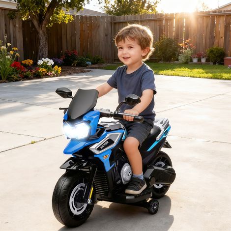 Moto électrique pour enfants avec roues, rétroviseurs et repose-pieds, en PP et métal, 85,5 x 44,5 x 56 cm, bleu (1/5)