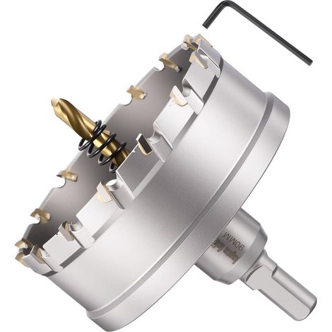 Kit de scie-cloche en carbure de tungstène avec foret central, clé hexagonale et ressort – pour métaux durs, feuilles en acier inoxydable, tubes carrés, fibre de verre, argent (1/5)