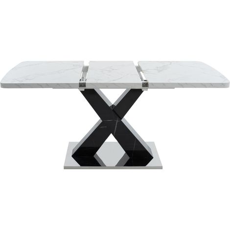 Table à manger rectangulaire moderne extensible 120CM-160CM, plateau effet marbre blanc imprimé + pied de table noir en X en MDF avec base en métal