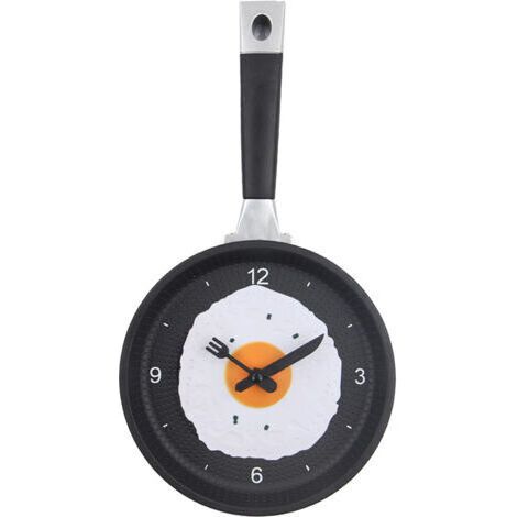 Horloge murale ABS en forme de poêle à frire, silencieuse, fonctionne à piles, pour chambre à coucher, salon, cuisine, noire