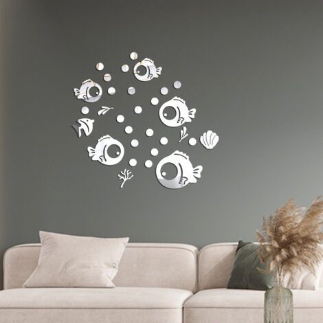 PA Acryl-Spiegelaufkleber, selbstklebend, 30 Blatt, niedliche Fische und Blasen, Spiegelaufkleber, Spiegel-Wandkunst-Aufkleber, Wohnzimmer, Kinder, Schlafzimmer, Büro, Dekoration (Silber) (1/5)