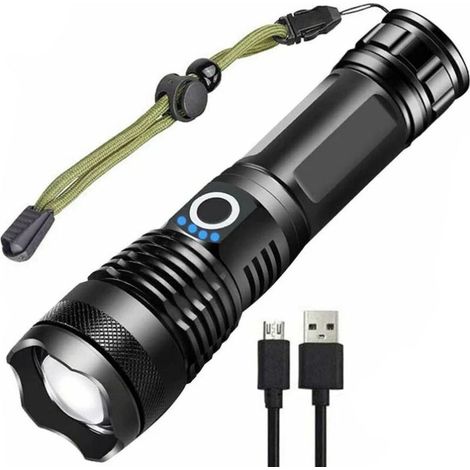 Superhelle 5000-Lumen-LED-Taschenlampe, wiederaufladbare USB-5-Modi-Hochleistungs-Tactical-Zoom-Taschenlampe mit Betriebsanzeige für Camping, Wandern, Outdoor-Aktivitäten (1/4)